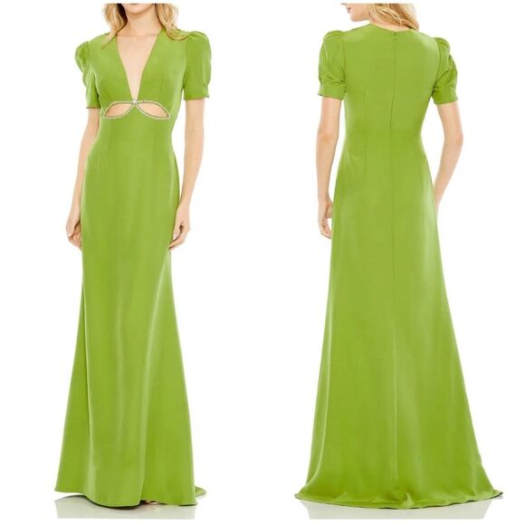 Ieena Mac Duggal 2630 Puff-Sleeve Cut-Out Gown Maxi Dress Apple Green Size 8 NEW - Picture 2 of 11